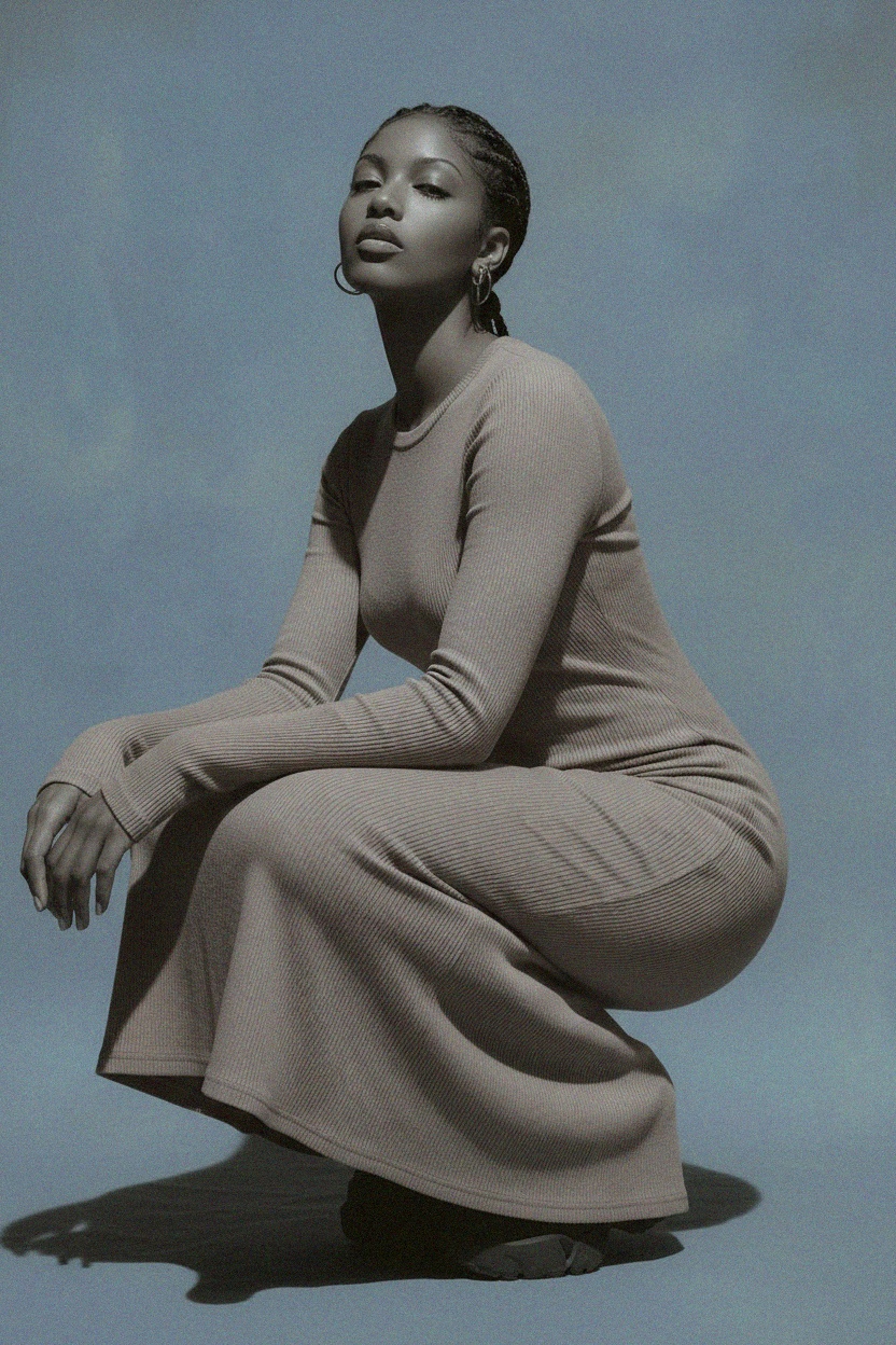 Ribbed Knit Long Sleeve Midi Dress photo 2