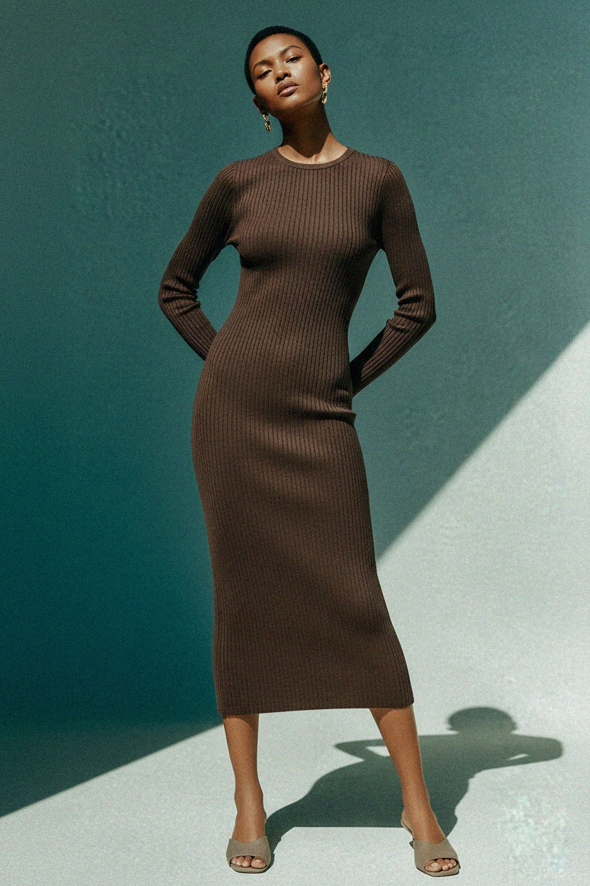 Ribbed Knit Long Sleeve Midi Dress photo 2