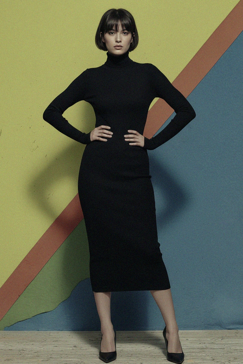 Black Ribbed Turtleneck Long Sleeve Midi Dress photo 3