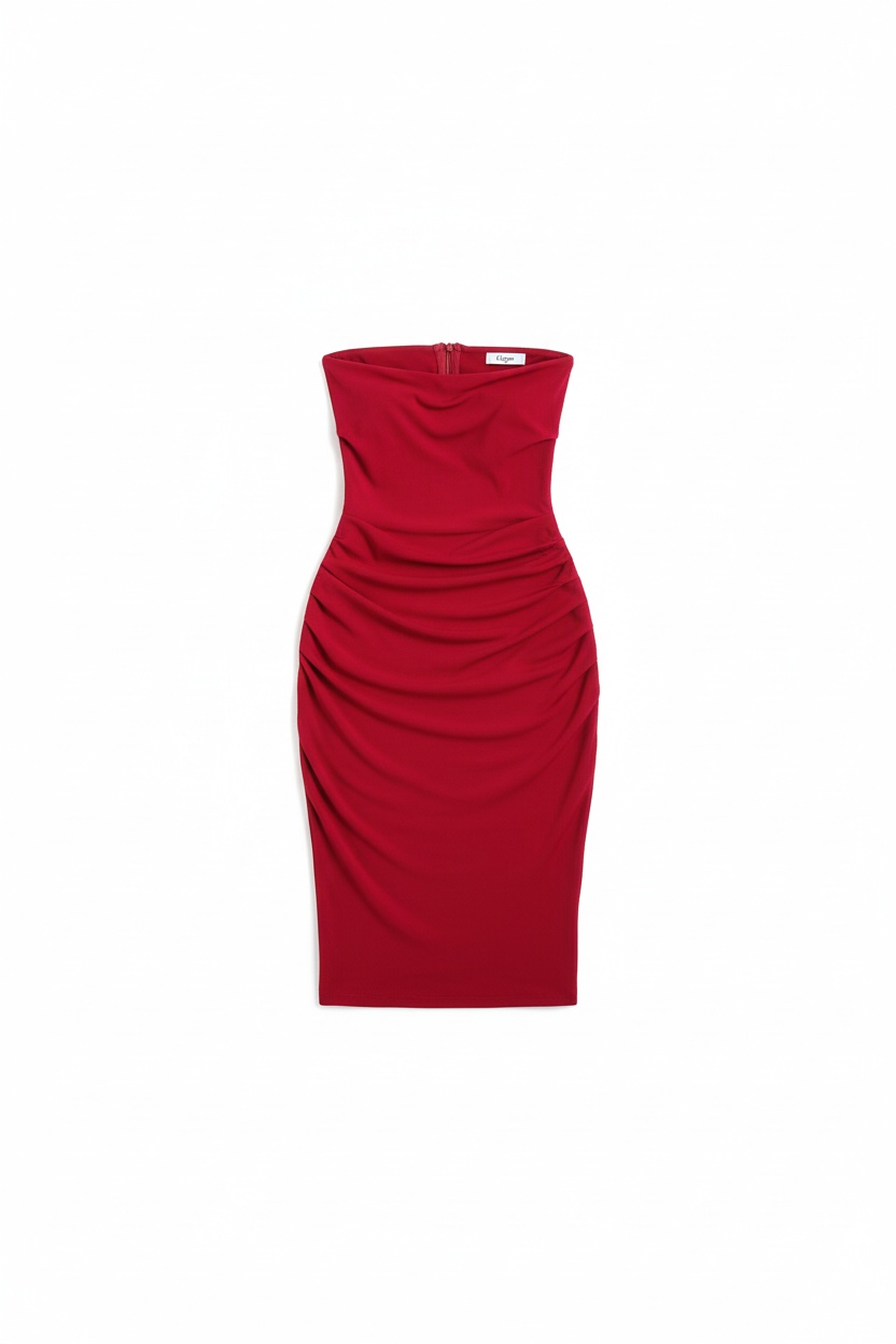 Elegant Red Strapless Bodycon Midi Dress photo 1