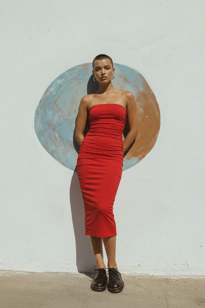 Elegant Red Strapless Bodycon Midi Dress photo 3