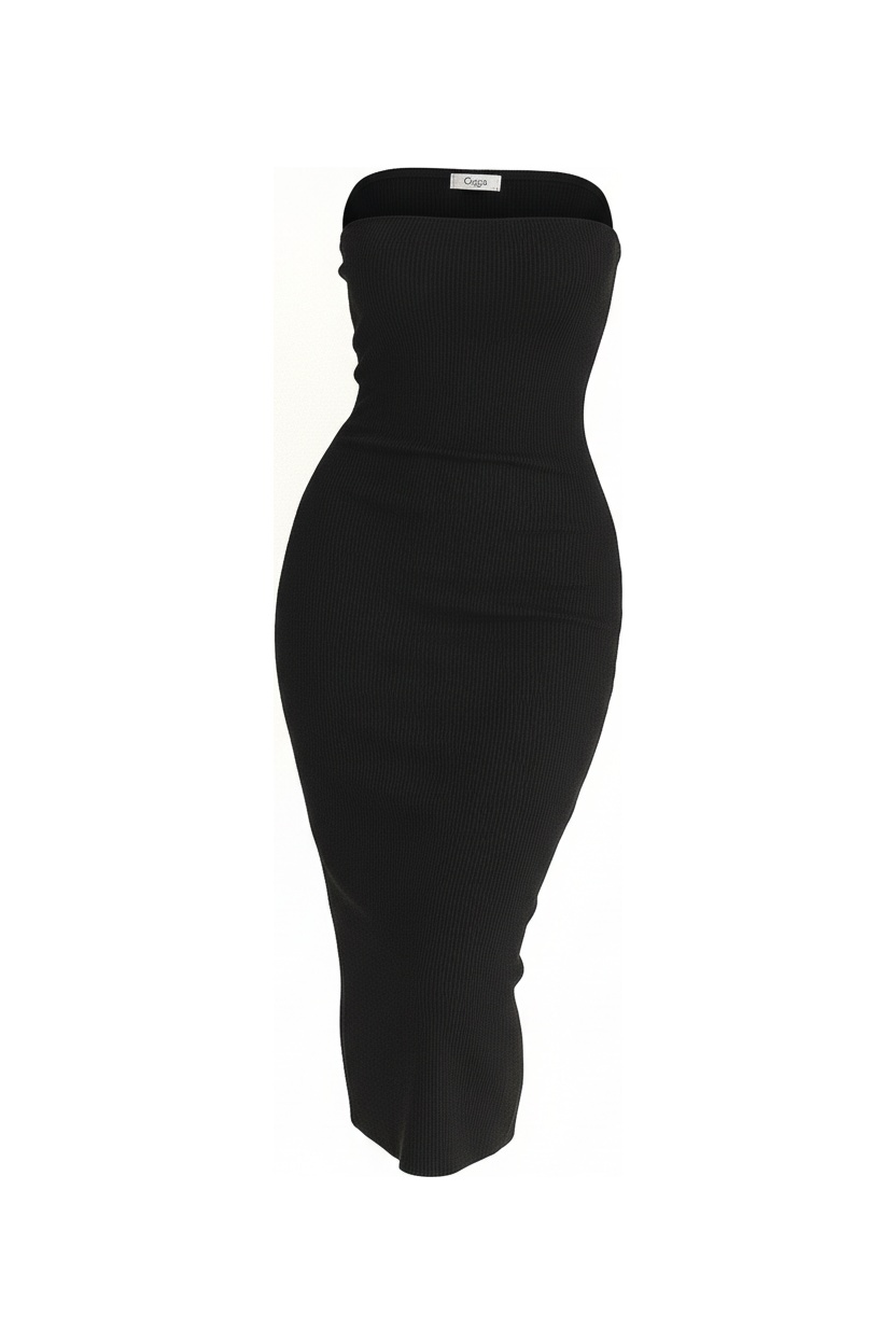 Black Ribbed Strapless Bodycon Midi Dress photo 1