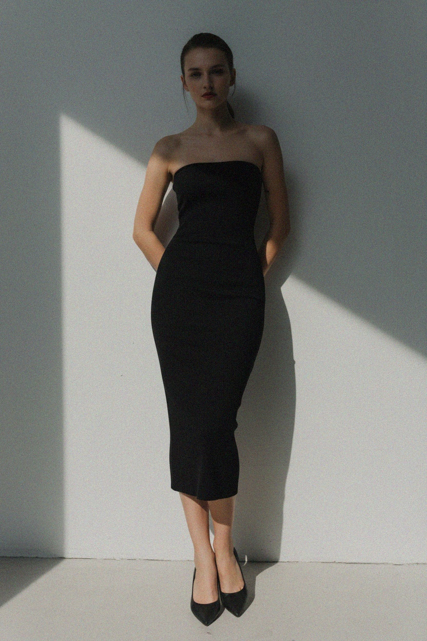 Black Ribbed Strapless Bodycon Midi Dress photo 3