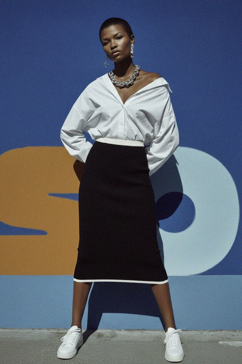 Ribbed Knit Midi Skirt with Contrast Trim photo 2