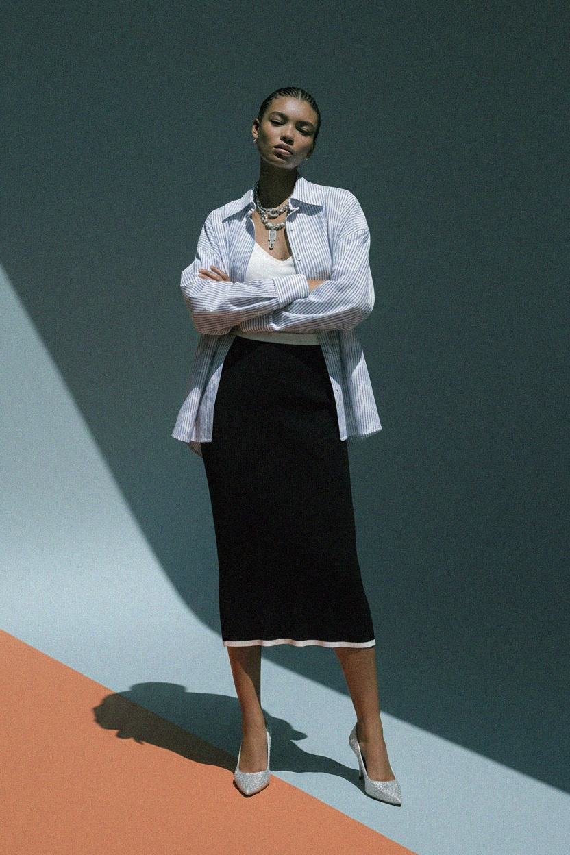 Ribbed Knit Midi Skirt with Contrast Trim photo 3