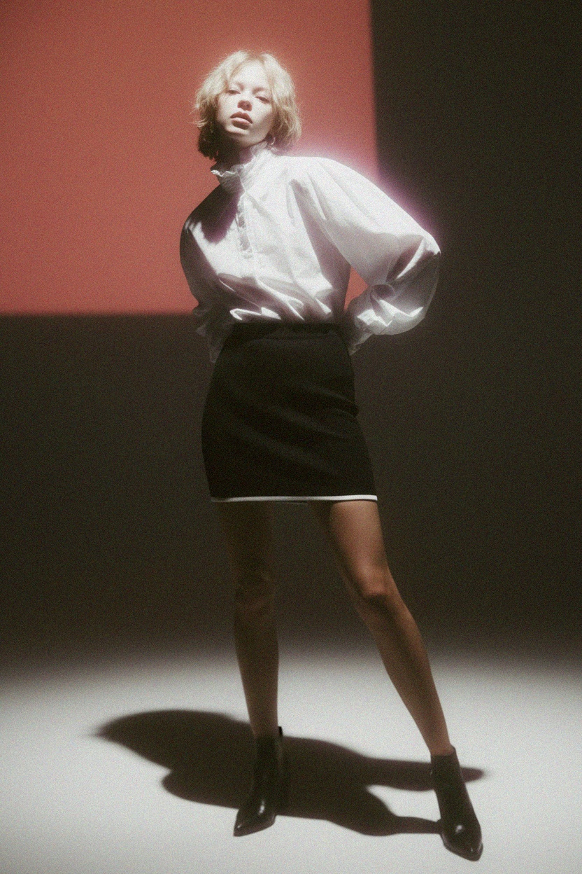 Black Ribbed Mini Skirt with White Trim photo 2