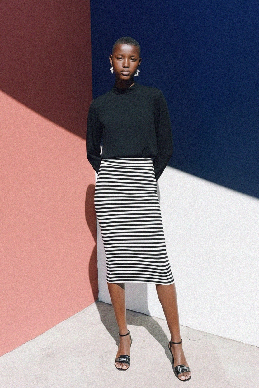Fitted Black & White Striped Midi Skirt photo 3