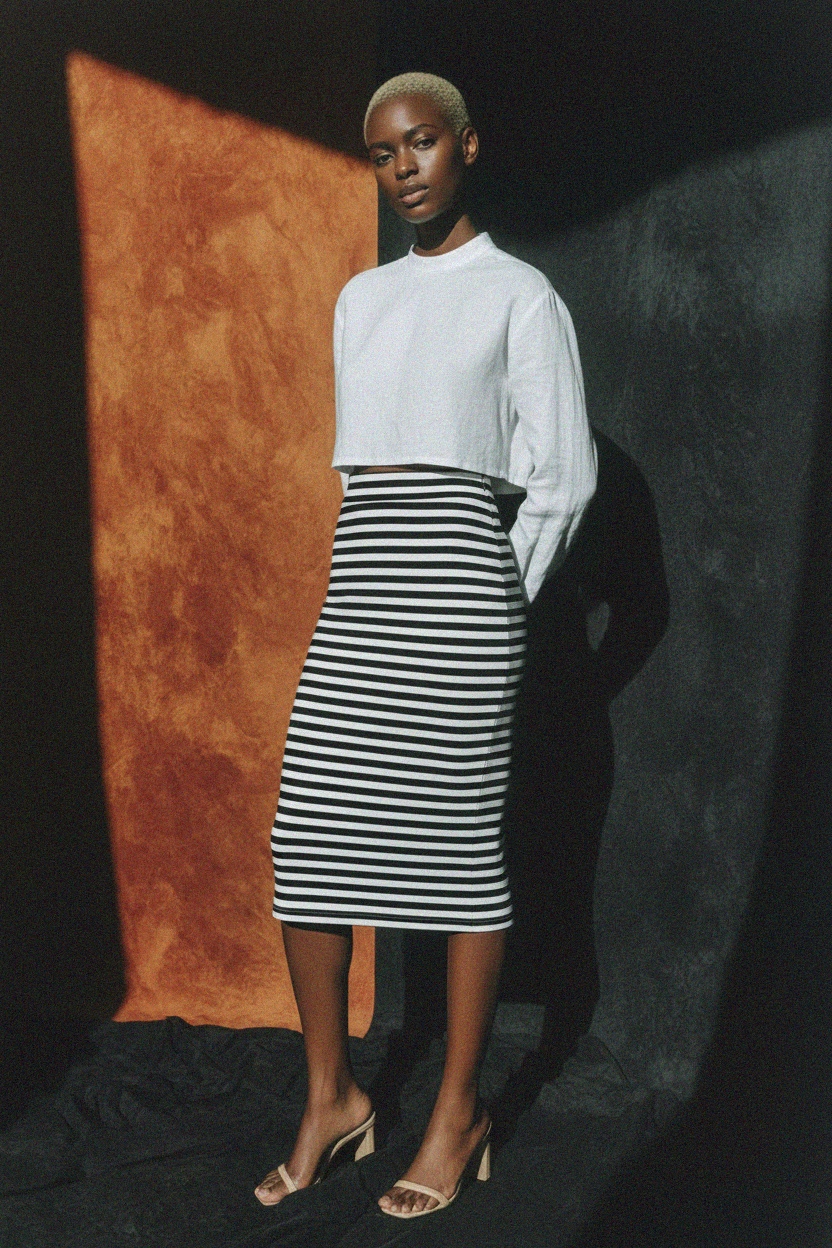 Fitted Black & White Striped Midi Skirt photo 4