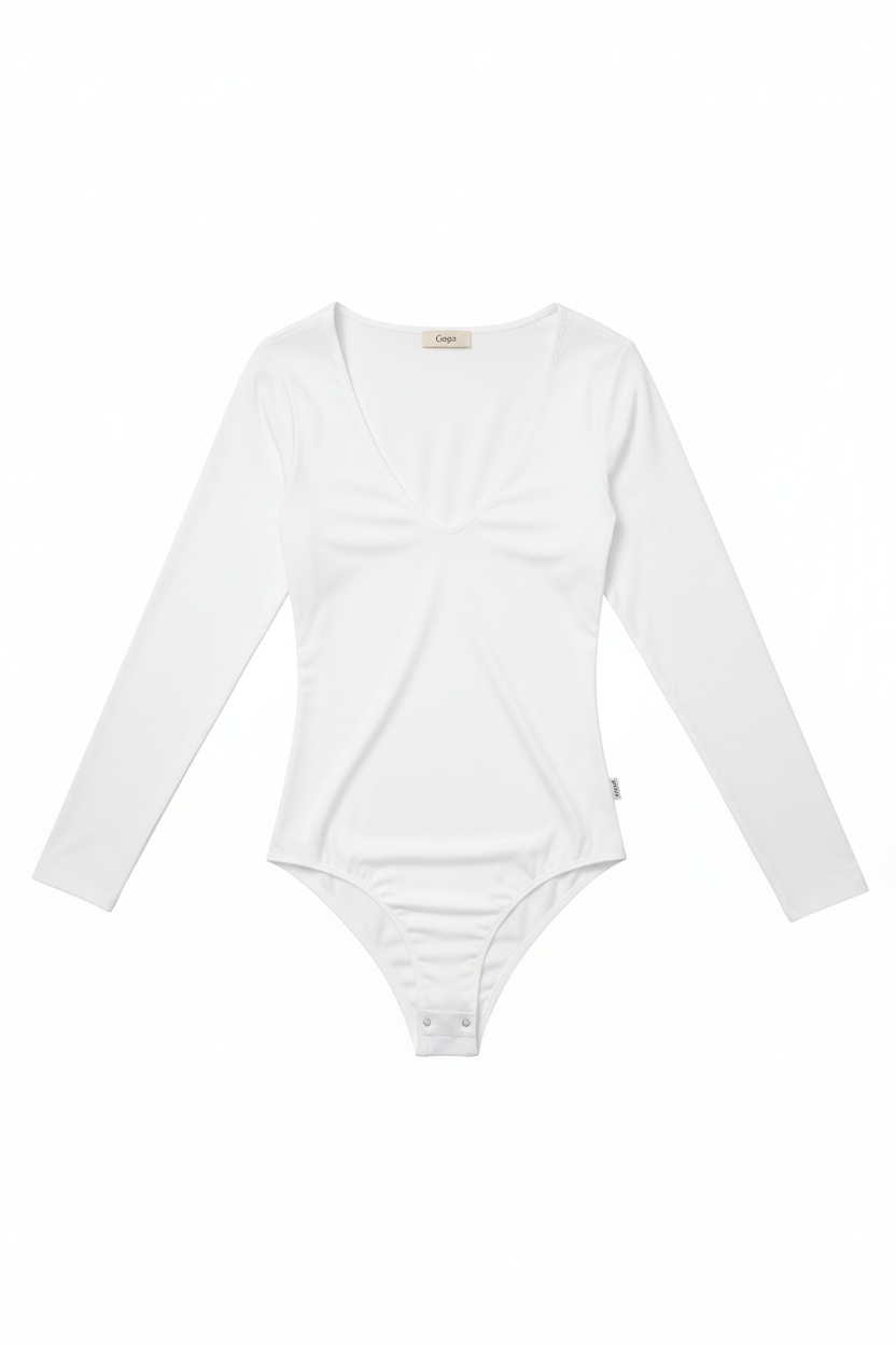 White Long-Sleeve V-Neck Bodysuit photo 1