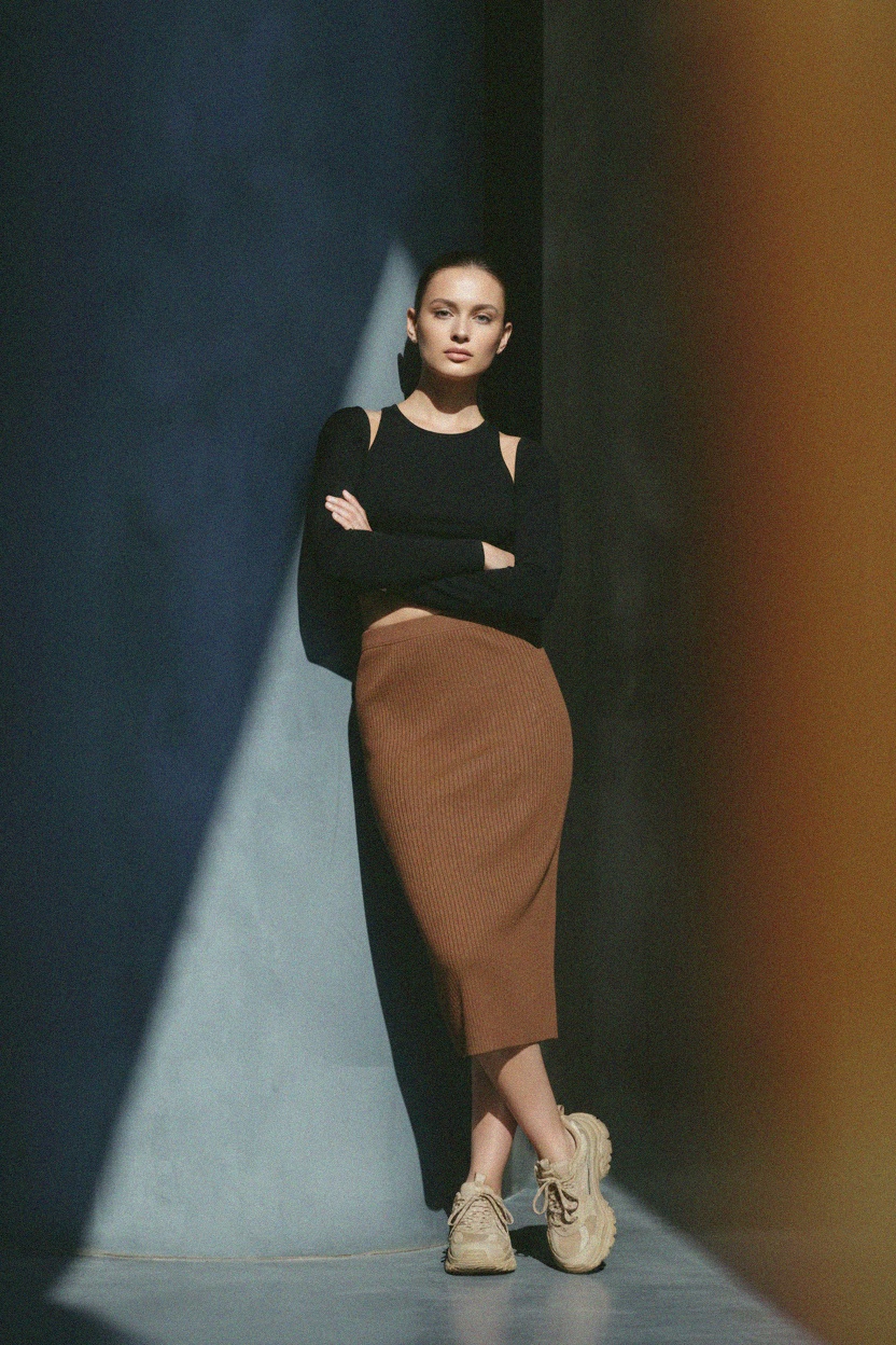 Ribbed Knit Midi Skirt in Earthy Brown photo 2