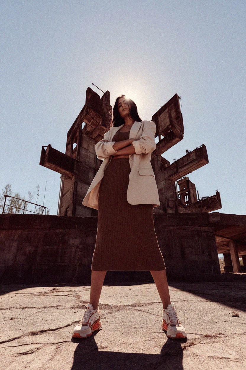 Ribbed Knit Midi Skirt in Earthy Brown photo 3