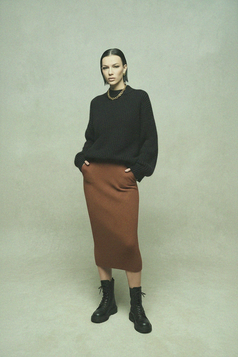 Ribbed Knit Midi Skirt in Earthy Brown photo 4