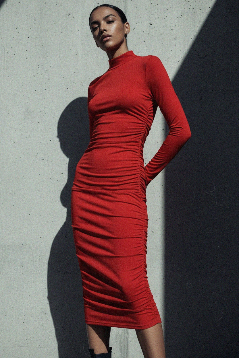 Elegant Red Ruched Long Sleeve Midi Dress photo 3