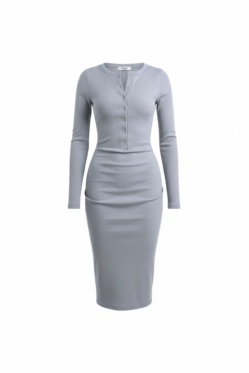 Grey Ribbed Henley Midi Dress photo 1