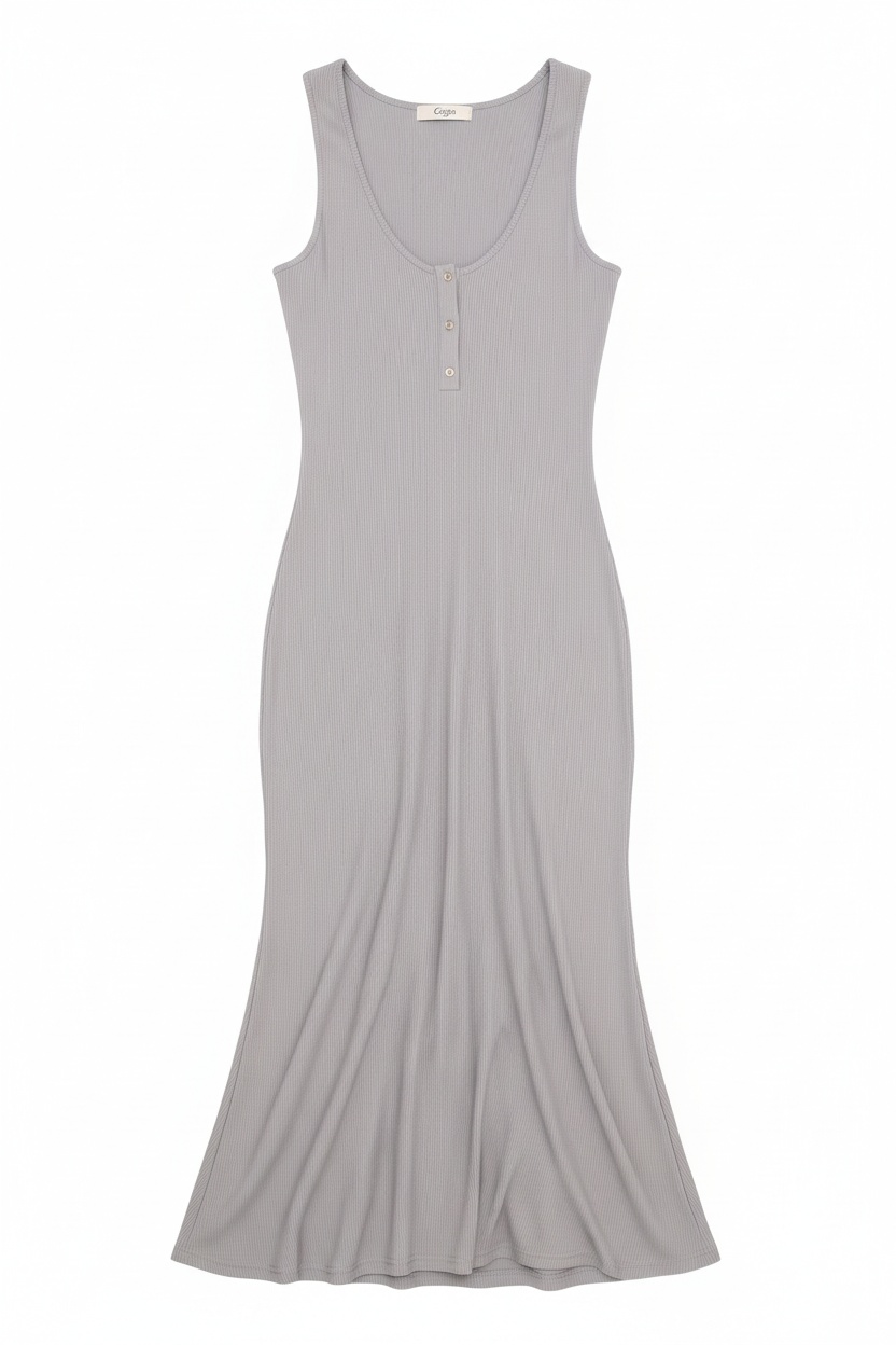 Sleeveless Ribbed Midi Dress with Button Placket photo 1