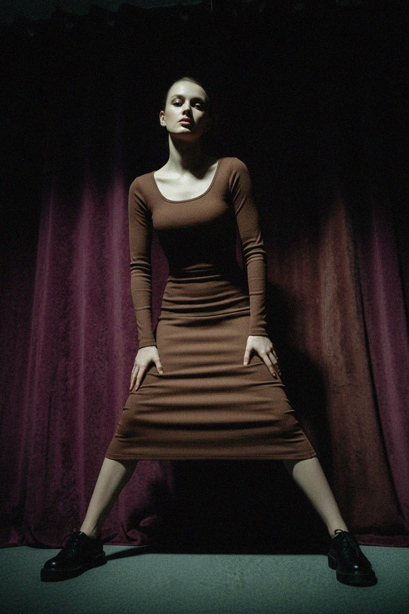 Brown Ribbed Long Sleeve Midi Dress photo 3