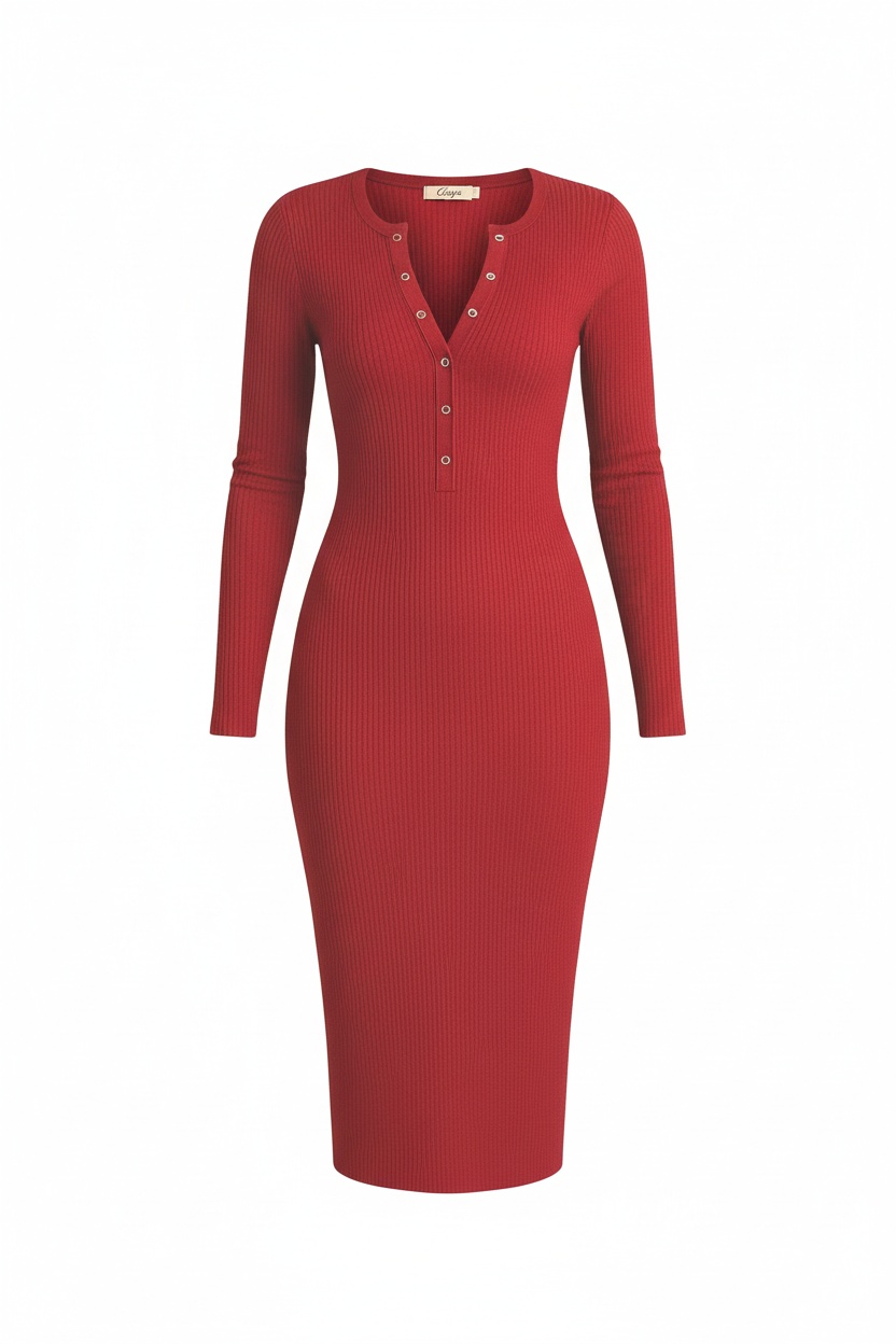 Red Ribbed Henley Long Sleeve Midi Dress photo 1