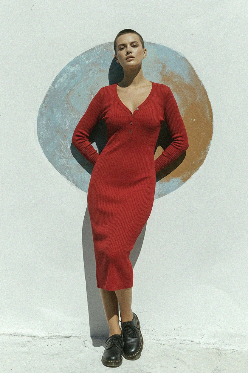 Red Ribbed Henley Long Sleeve Midi Dress photo 3