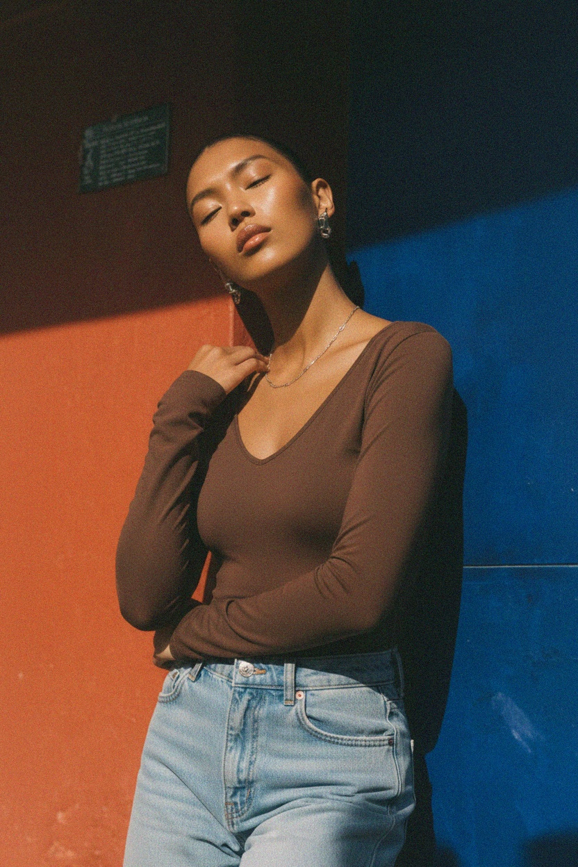 Essential Brown V-Neck Long Sleeve Top photo 3