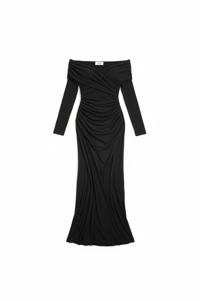 Elegant Black Ruched Off-Shoulder Maxi Dress photo 1
