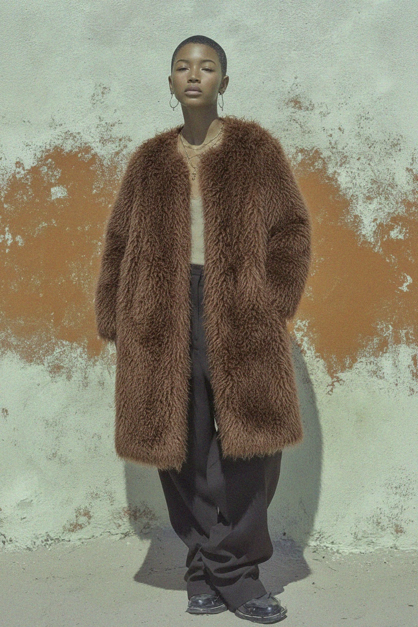 Oversize Brown Shaggy Faux Fur Long Coat photo 4