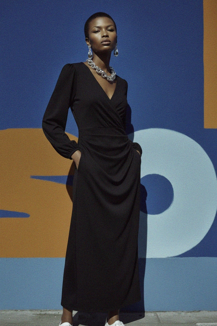 Elegant Black V-Neck Long Sleeve Maxi Dress photo 2