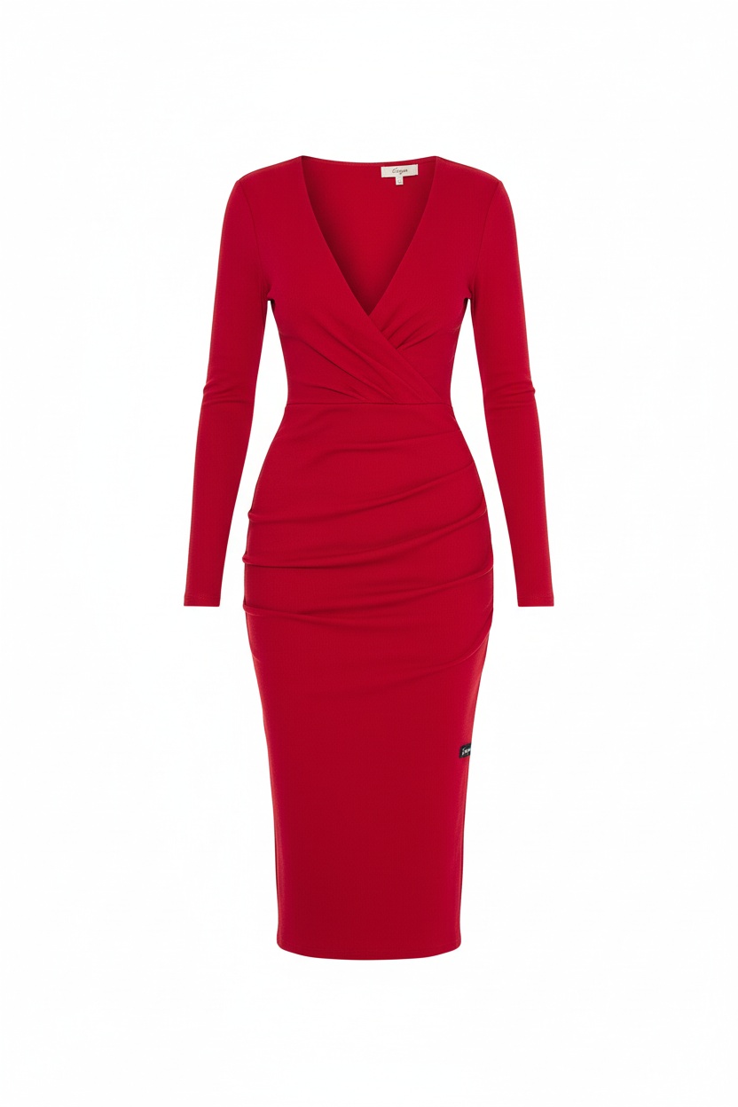 Chic Red V-Neck Long Sleeve Bodycon Midi Dress photo 1