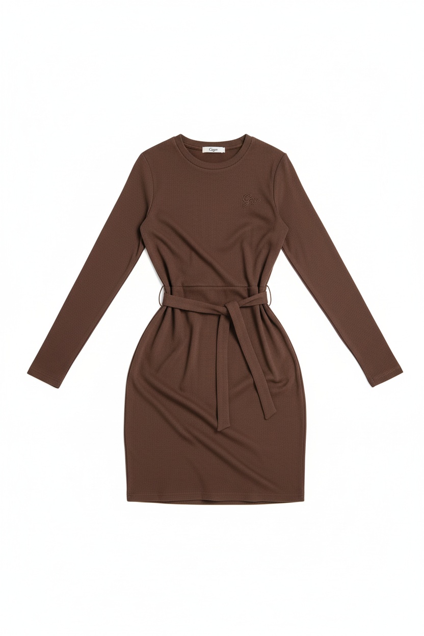 Brown Ribbed Tie-Waist Long Sleeve Mini Dress photo 1
