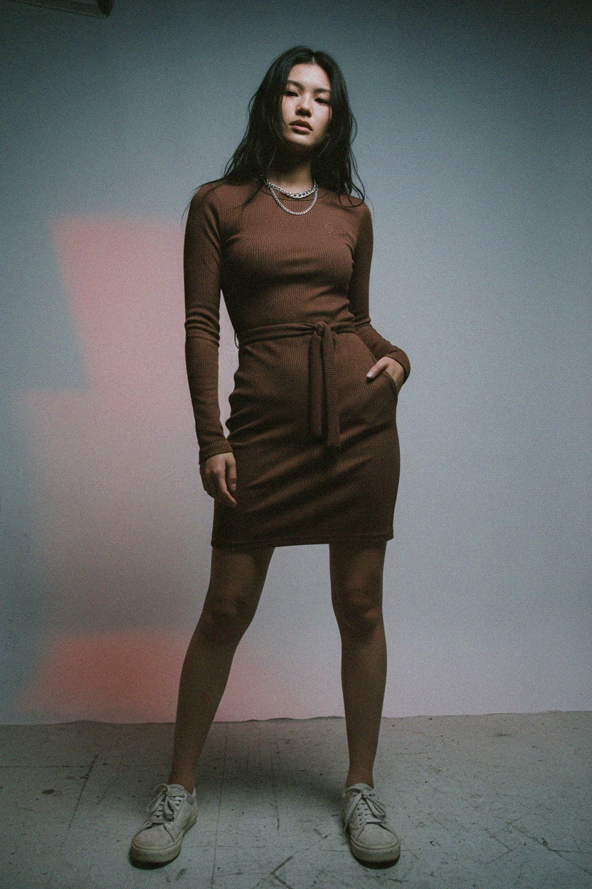 Brown Ribbed Tie-Waist Long Sleeve Mini Dress photo 2