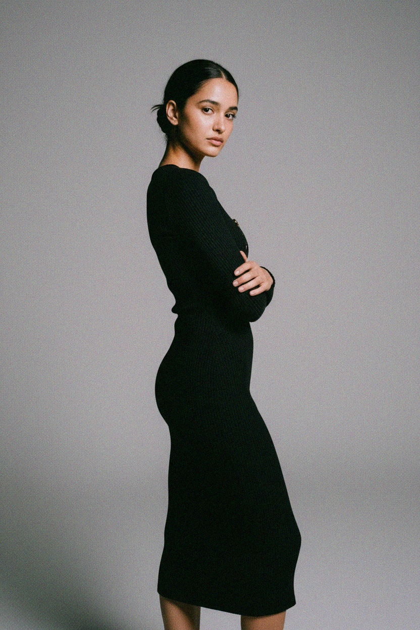 Black Ribbed Midi Dress with Gold Ring V-Neck photo 2