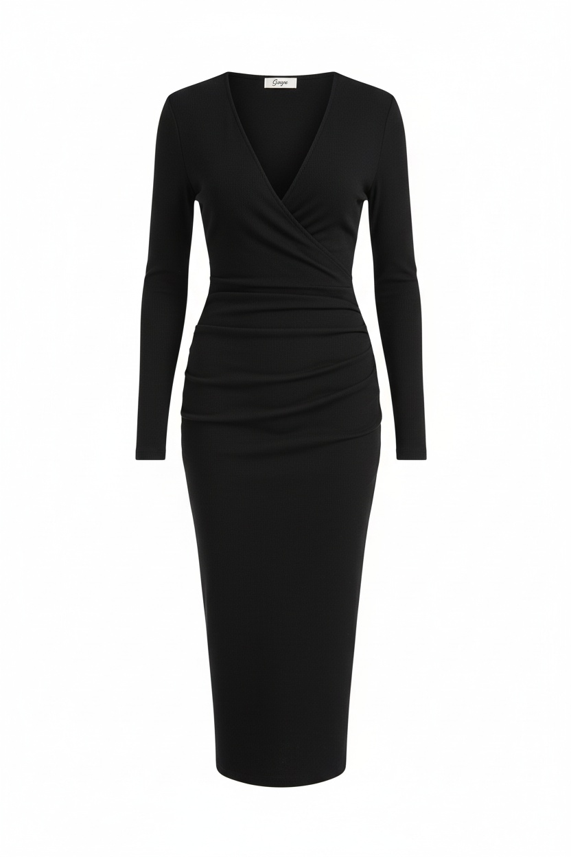 Black V-Neck Long Sleeve Bodycon Midi Dress photo 1