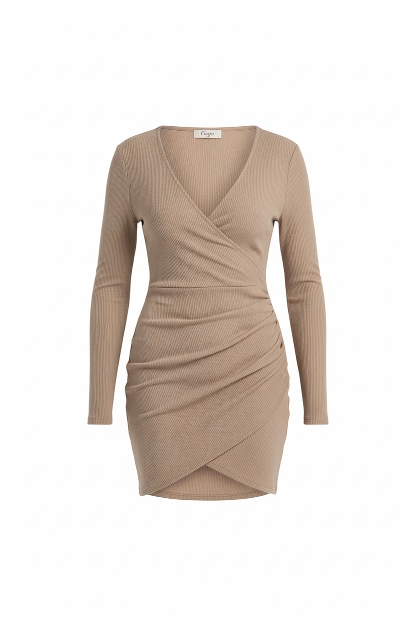 Ribbed Knit V-Neck Mini Dress with Wrap Hem photo 1