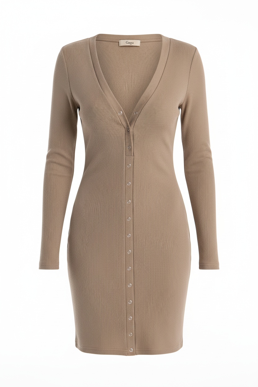 Ribbed Button-Front Long Sleeve Mini Dress photo 1