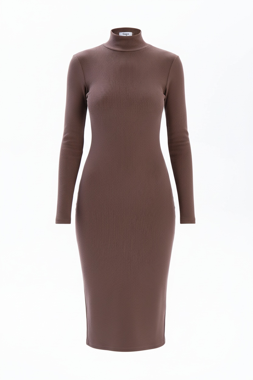 Brown Ribbed Knit Turtleneck Midi Dress photo 1