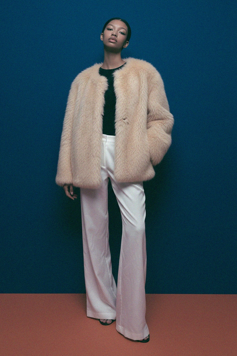 Fluffy Beige Faux Fur Short Coat photo 4