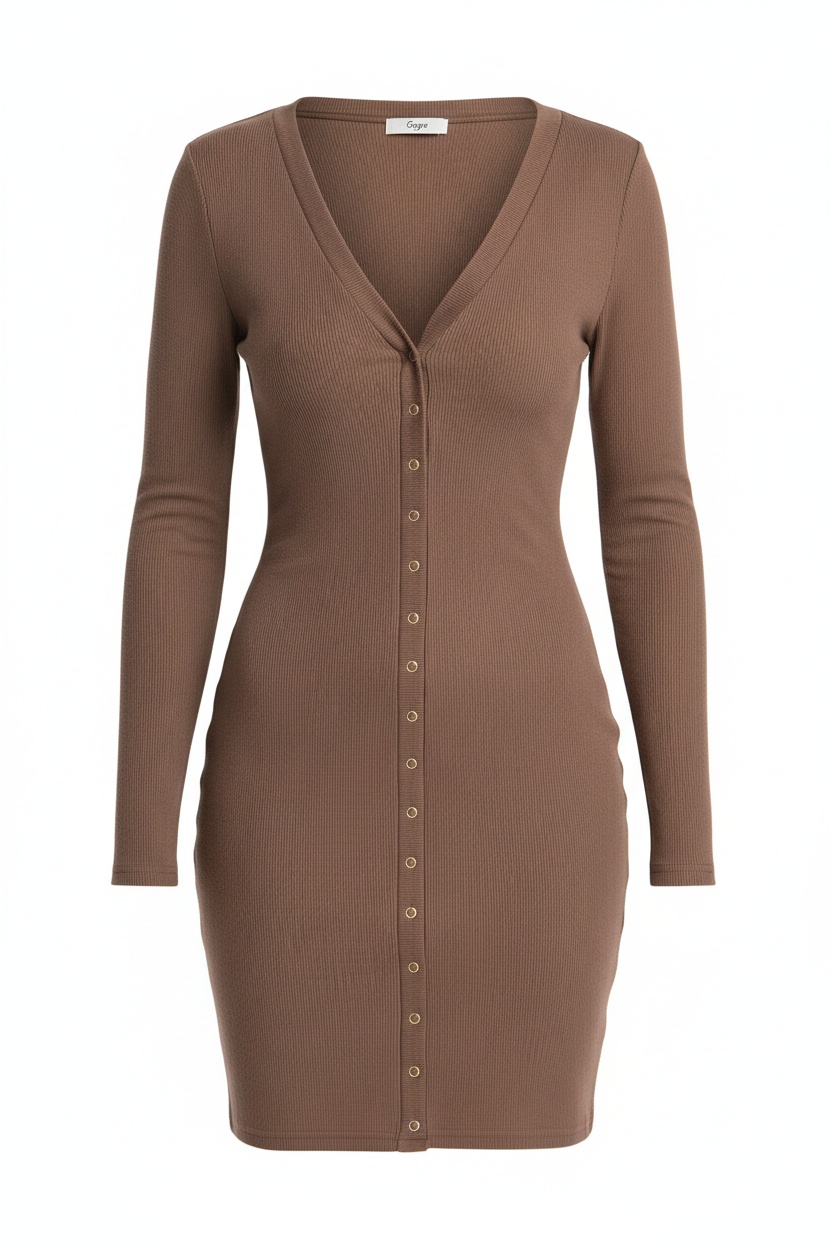 Brown Ribbed Button-Front Long Sleeve Mini Dress photo 1