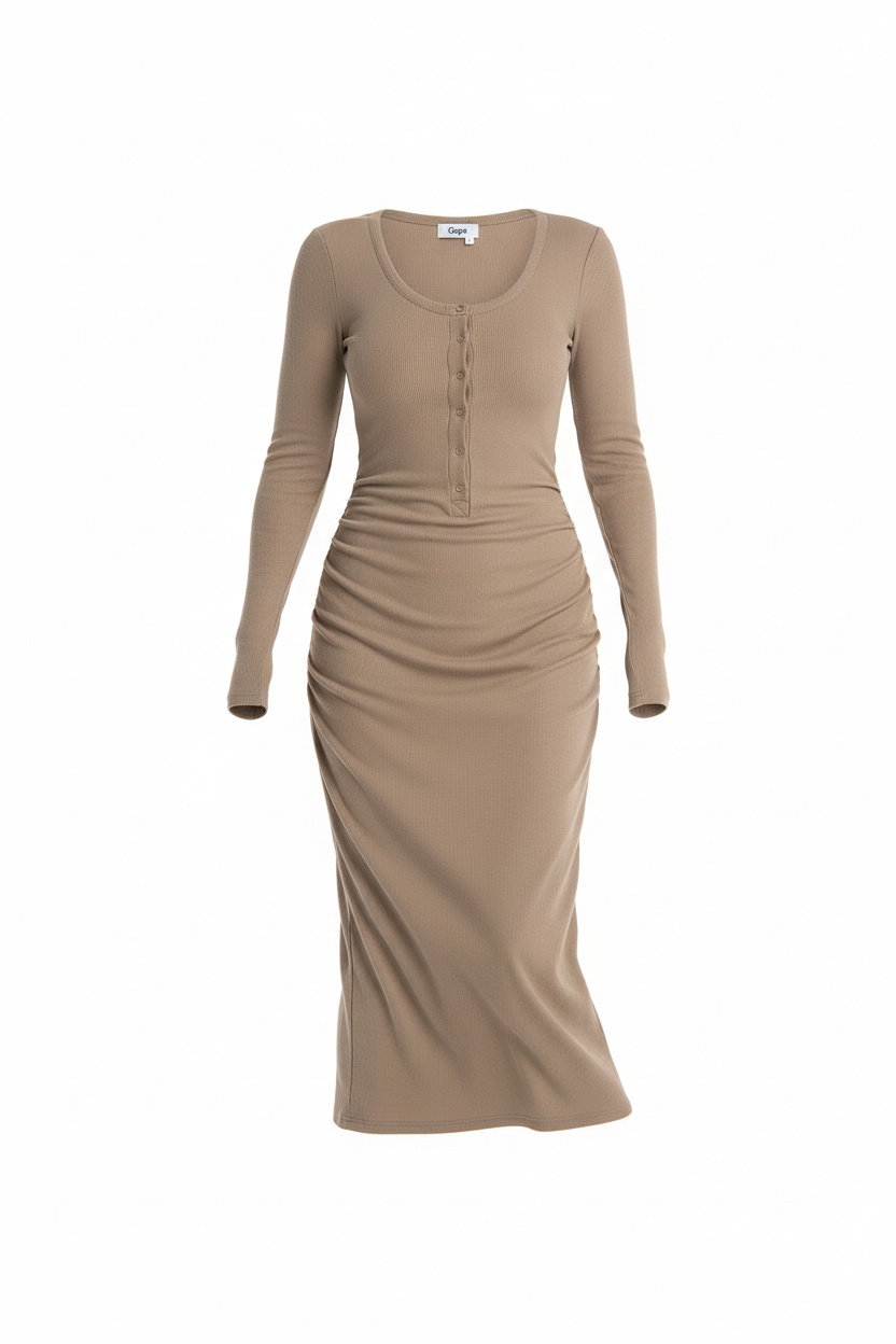 Ribbed Long Sleeve Henley Midi Dress in Beige photo 1