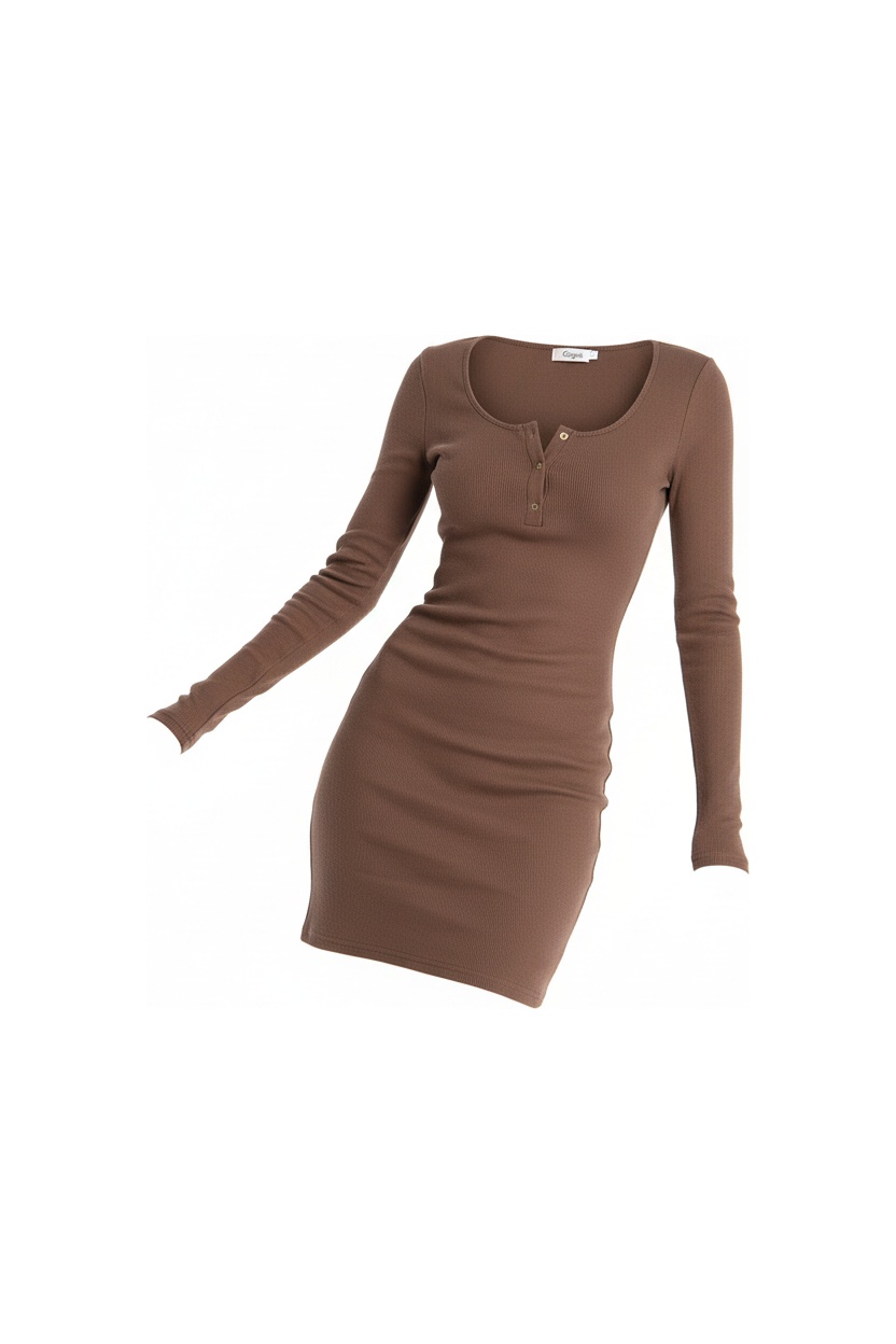 Ribbed Long Sleeve Mini Dress with Henley Neckline photo 1