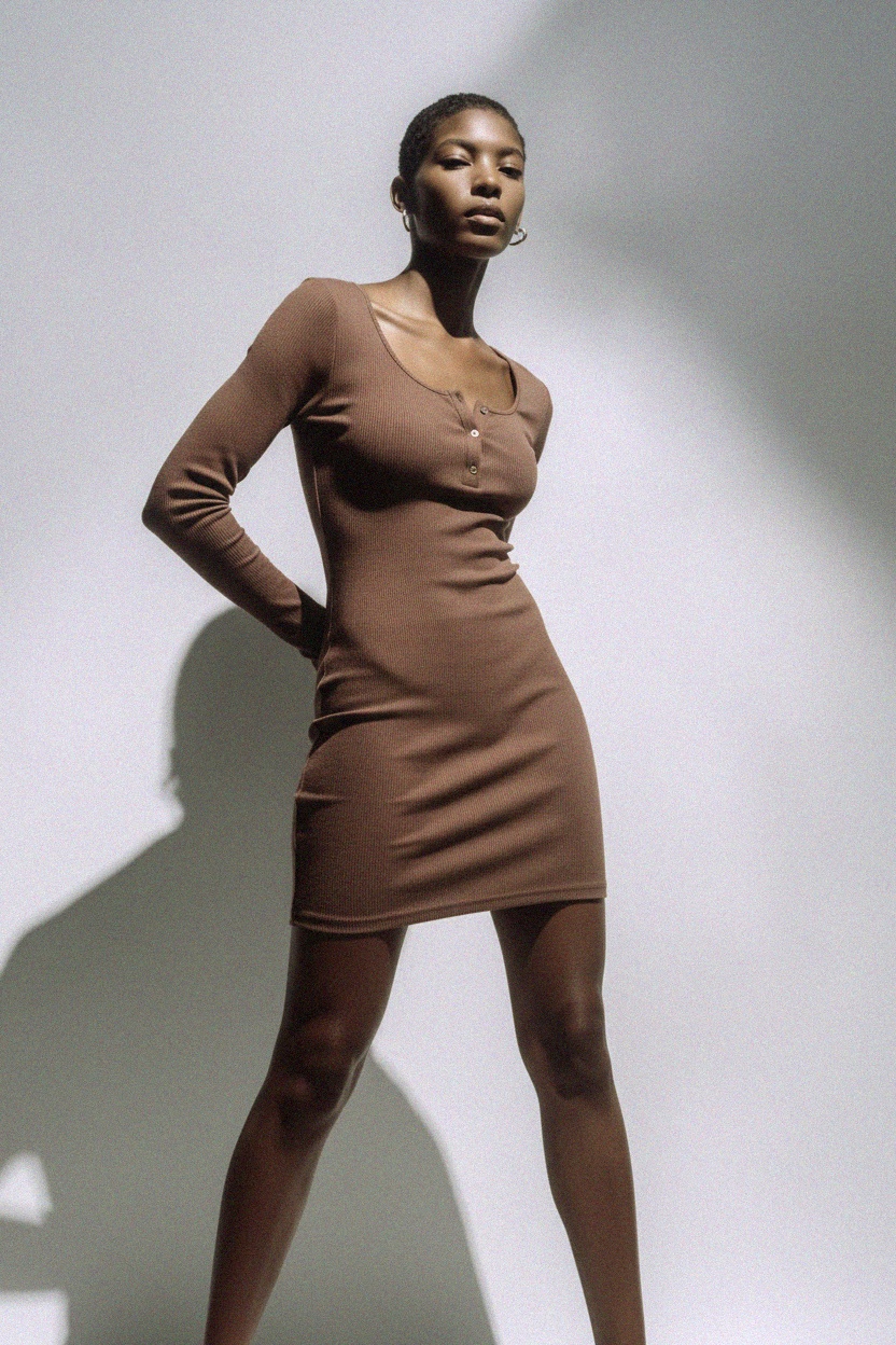 Ribbed Long Sleeve Mini Dress with Henley Neckline photo 2