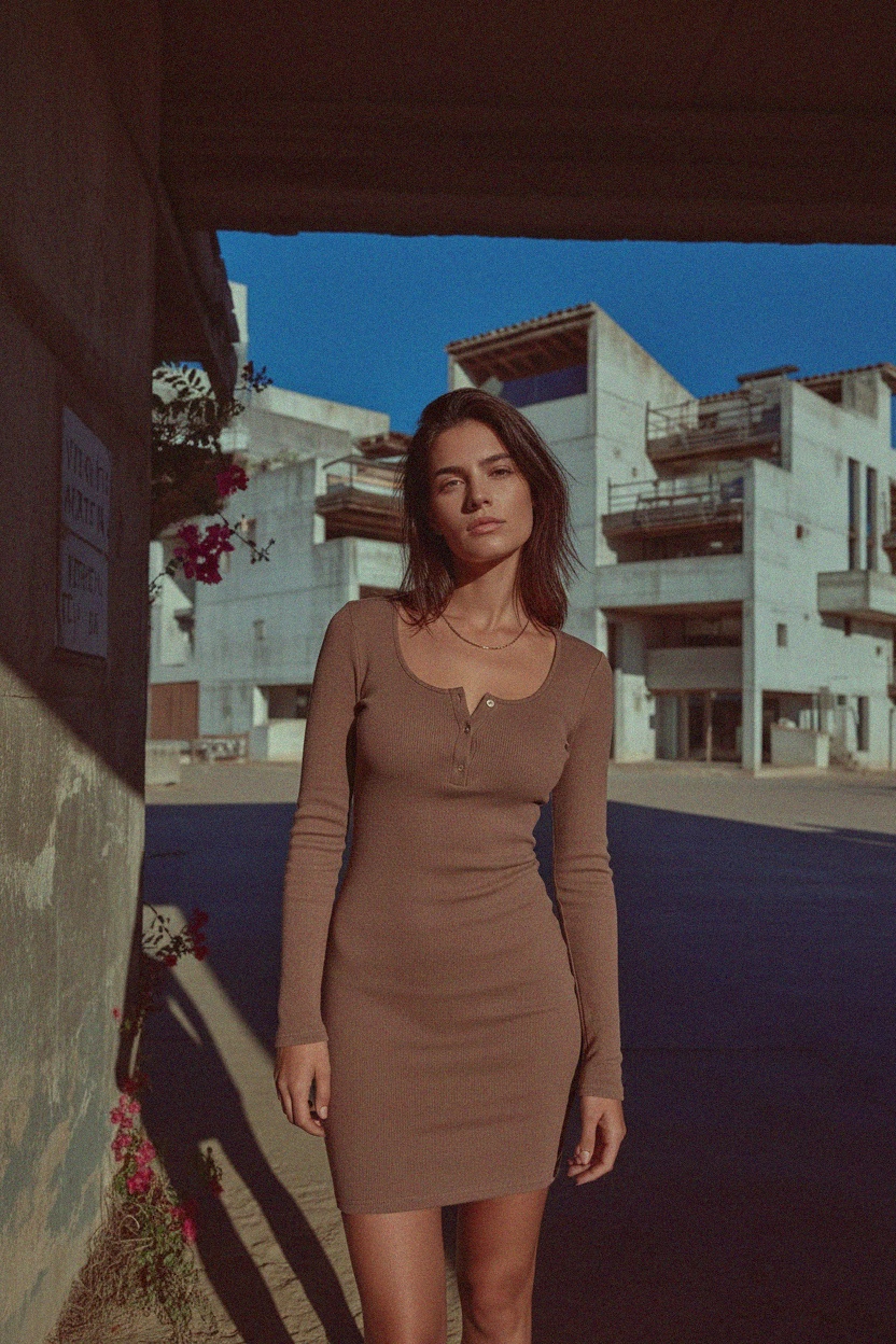 Ribbed Long Sleeve Mini Dress with Henley Neckline photo 3