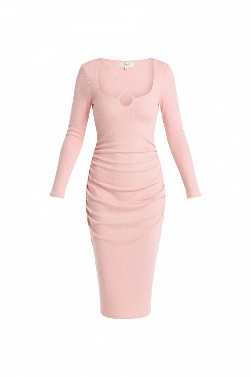 Pink Ribbed Criss-Cross Neck Long Sleeve Midi Dress photo 1