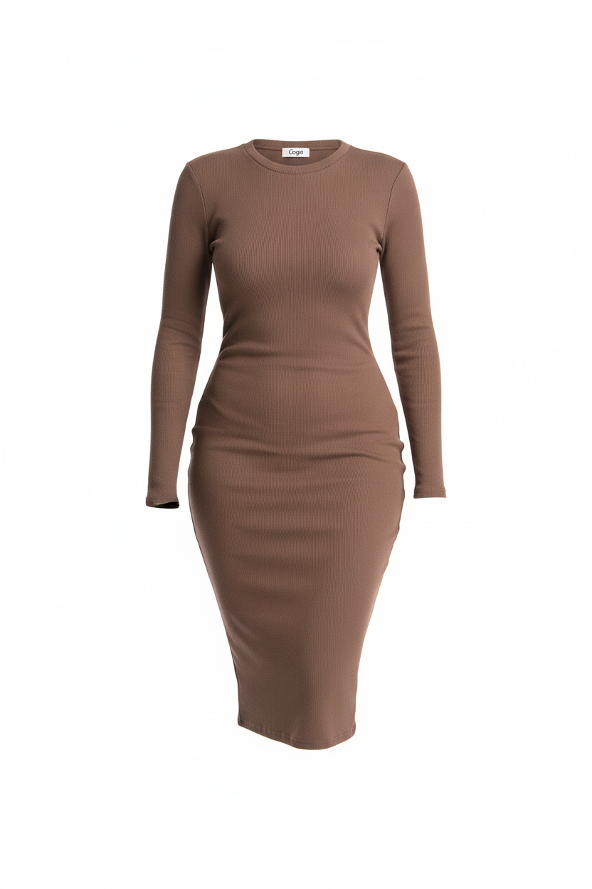 Brown Ribbed Long Sleeve Fitted Midi Dress photo 1