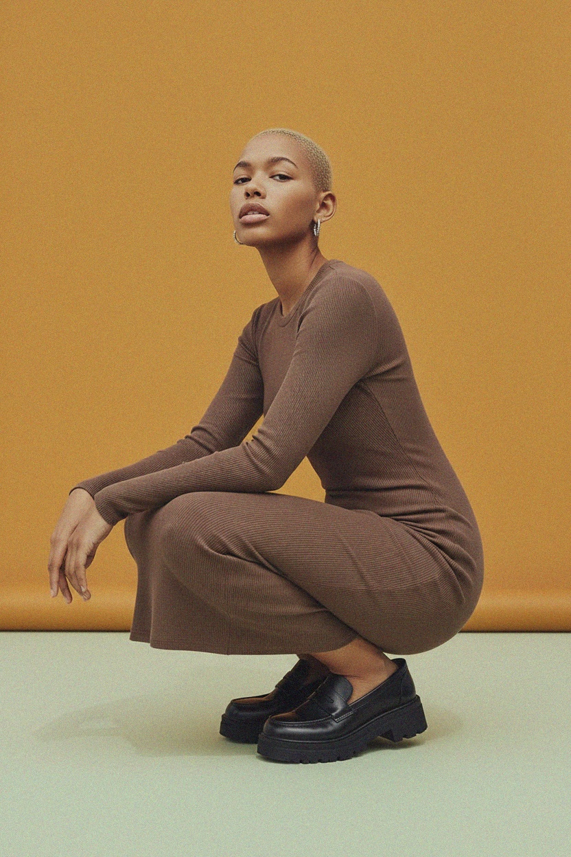 Brown Ribbed Long Sleeve Fitted Midi Dress photo 2