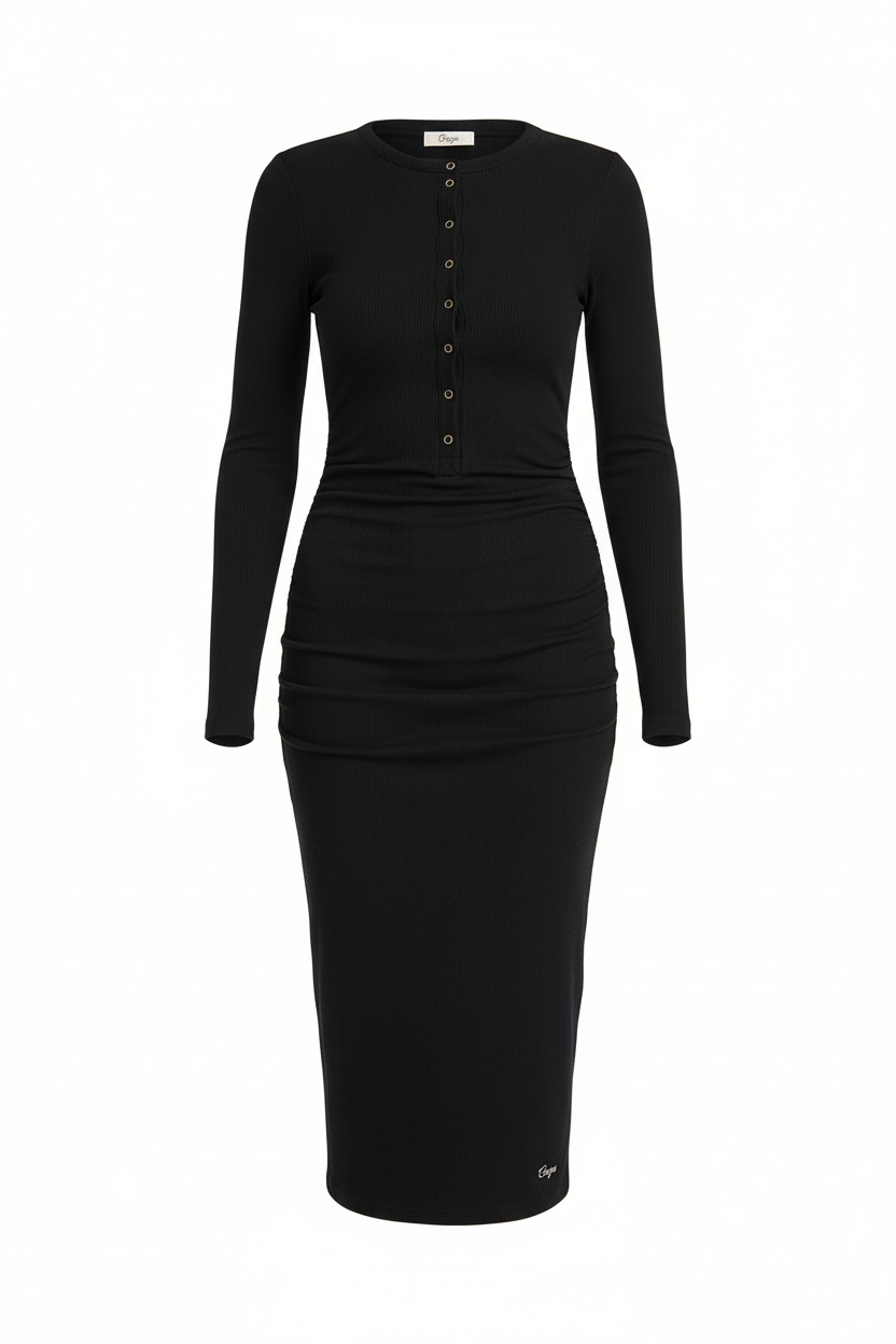 Black Ribbed Long Sleeve Button-Front Midi Dress photo 1