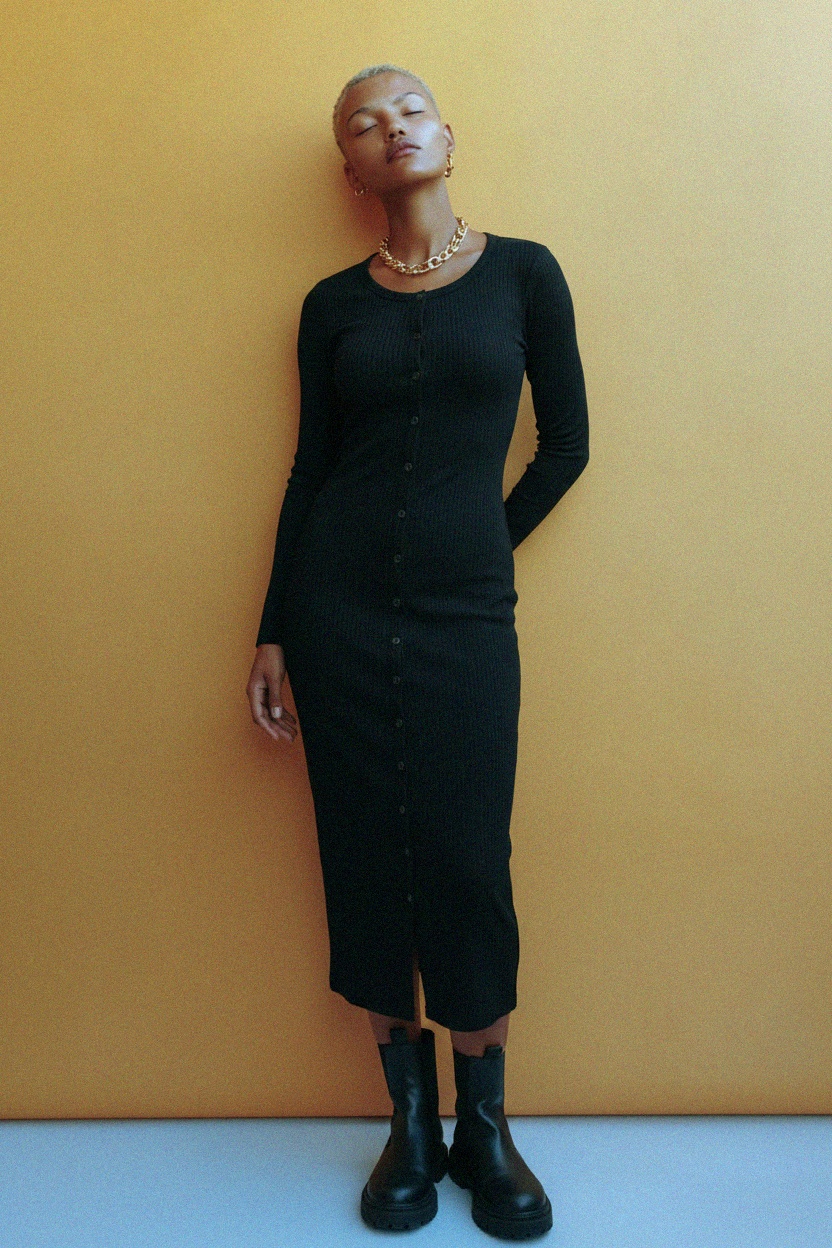 Black Ribbed Long Sleeve Button-Front Midi Dress photo 2