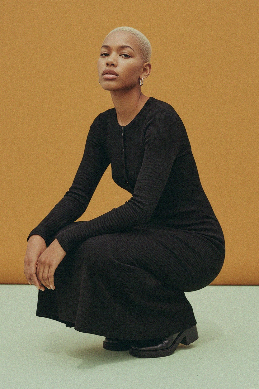 Black Ribbed Long Sleeve Button-Front Midi Dress photo 3