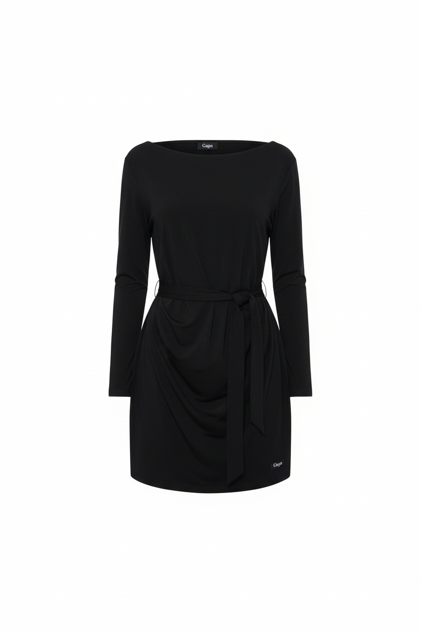 Black Off-Shoulder Mini Dress with Tie Waist photo 1