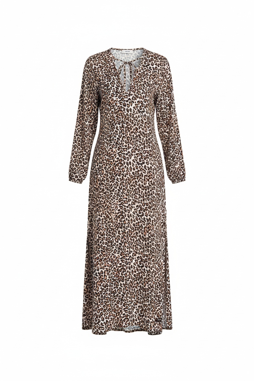 Leopard Print Maxi Dress with Tie-Neck and Side Slits photo 1