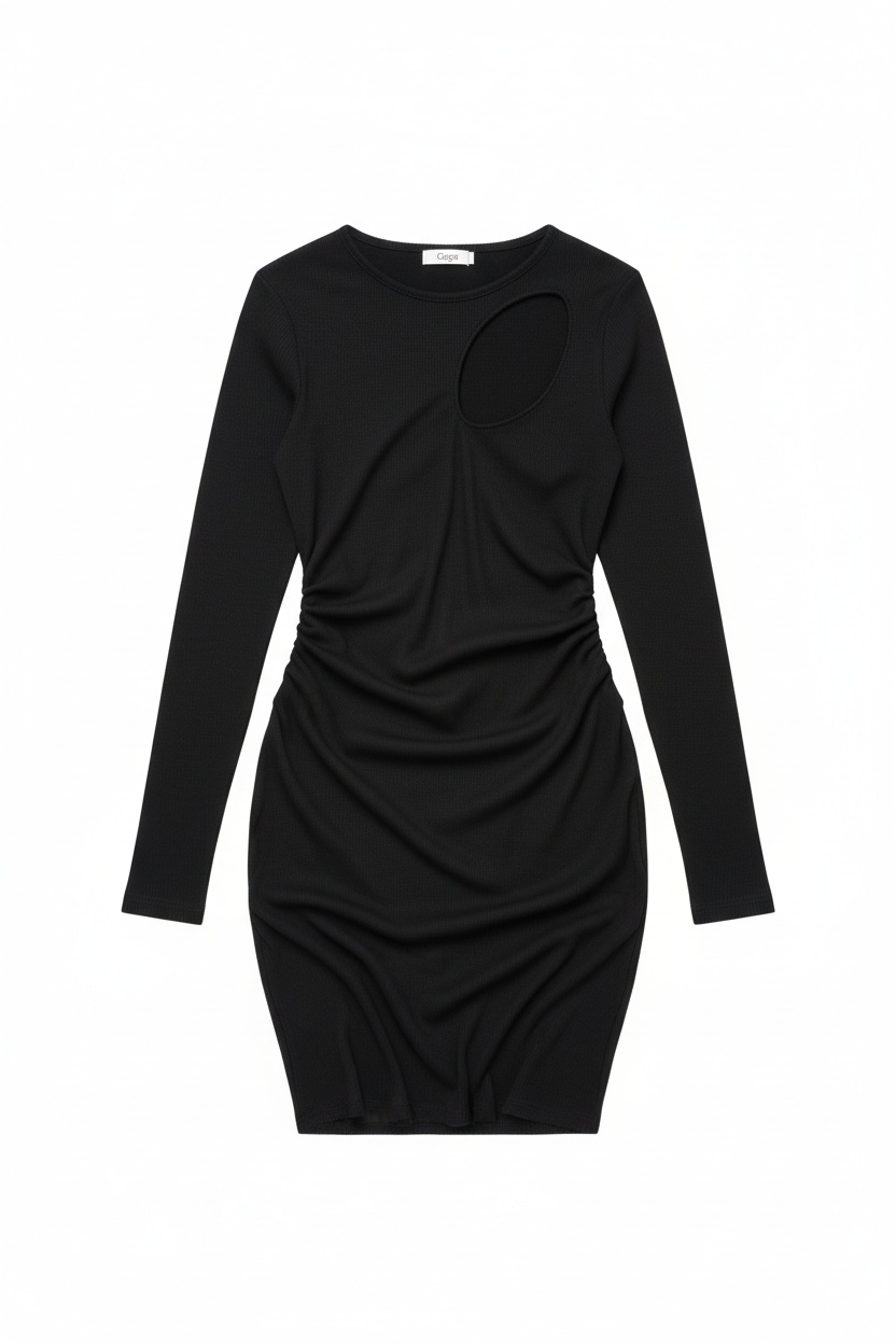 Black Ribbed Long Sleeve Mini Dress with Cutout photo 1