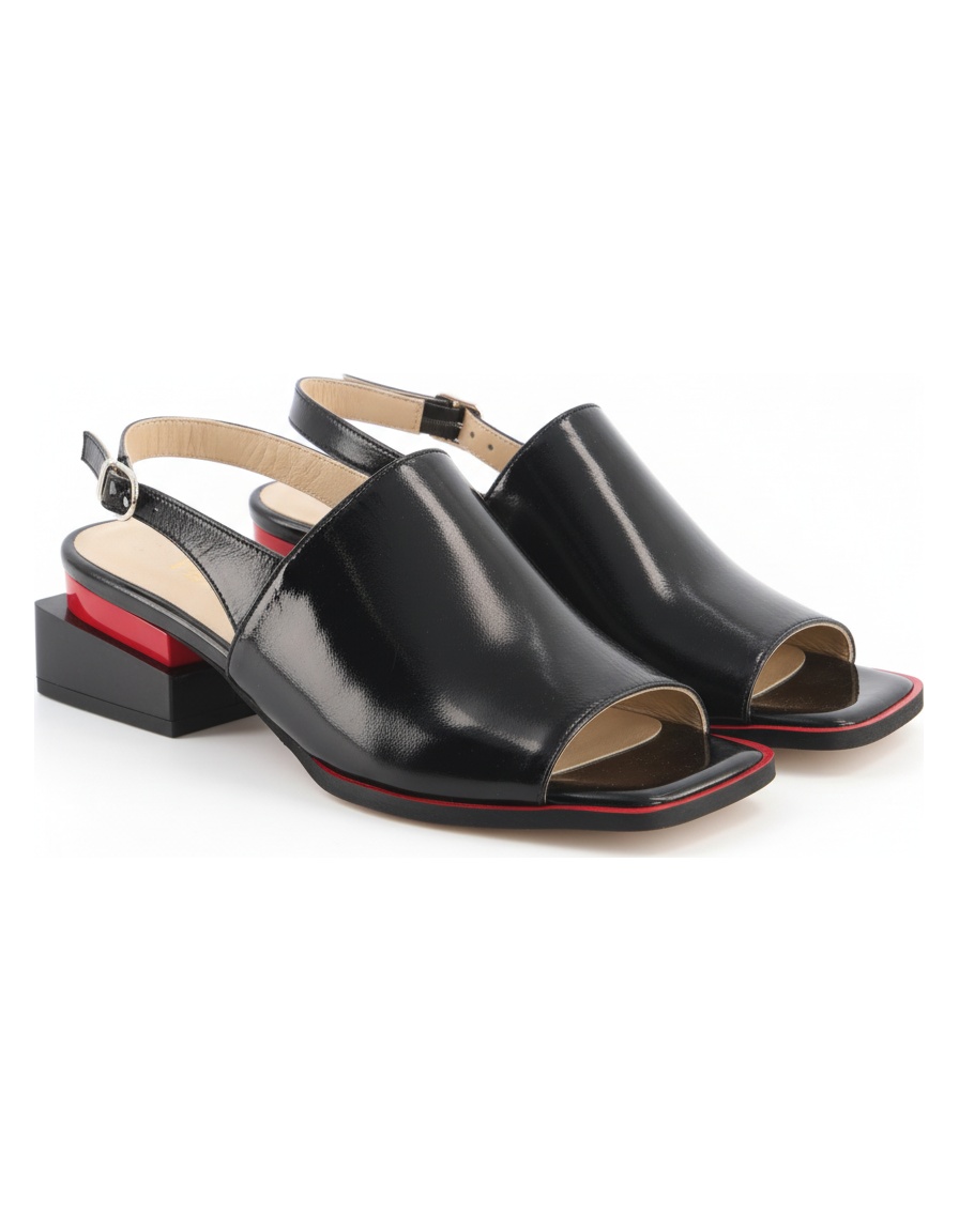 Black Patent Sandal Heels with Red Detail photo 1